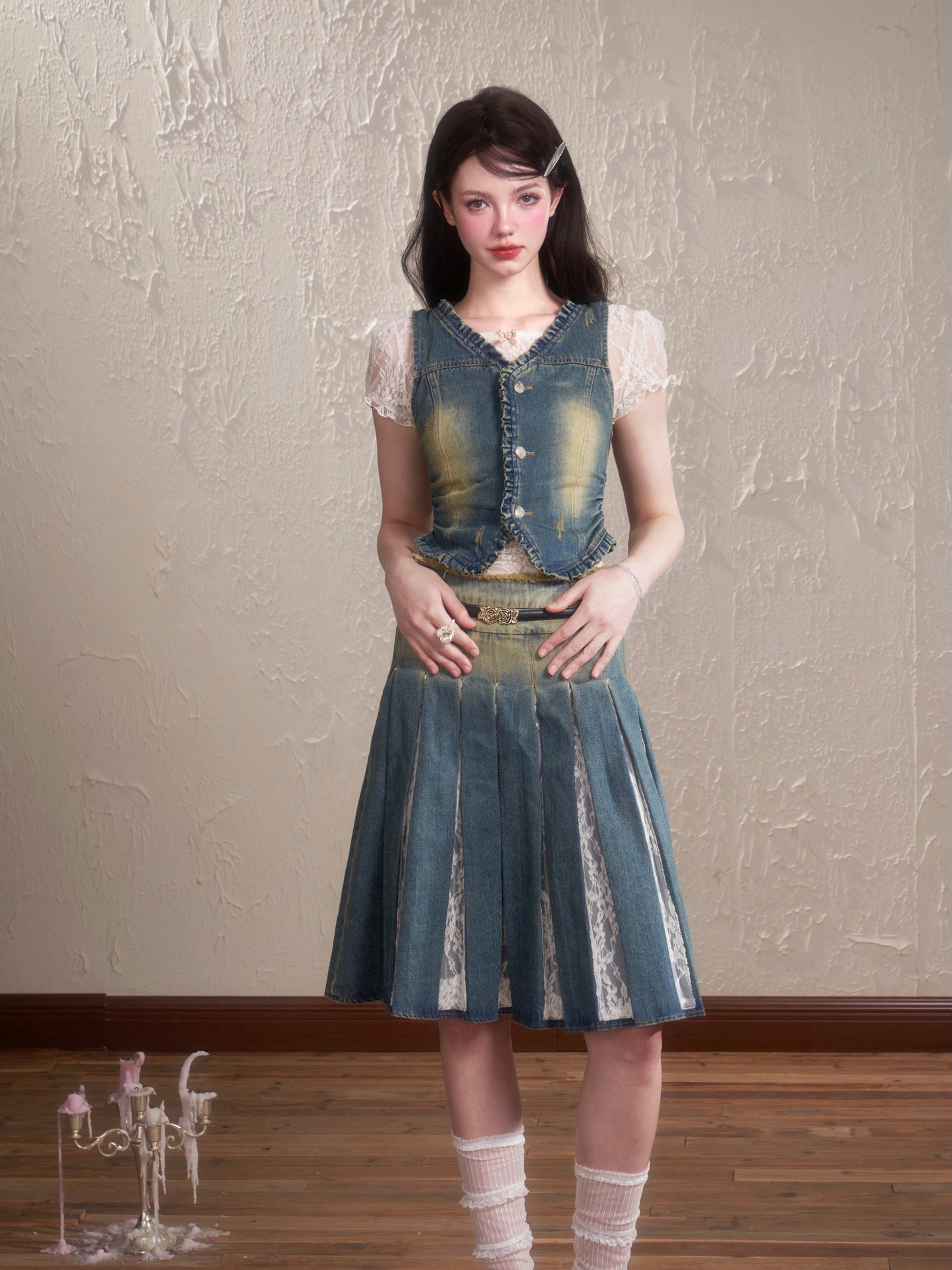 Lace Denim Vest and Pleated Skirt Setup