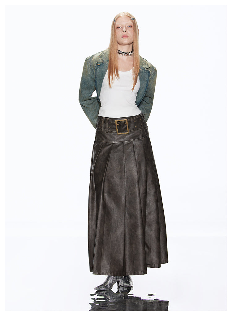 A-line Long Length Pleated Retro Leather Skirt