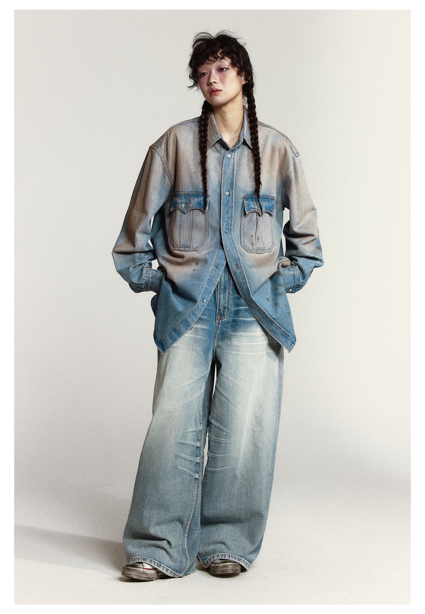 Wide-leg flared washed retro denim pants