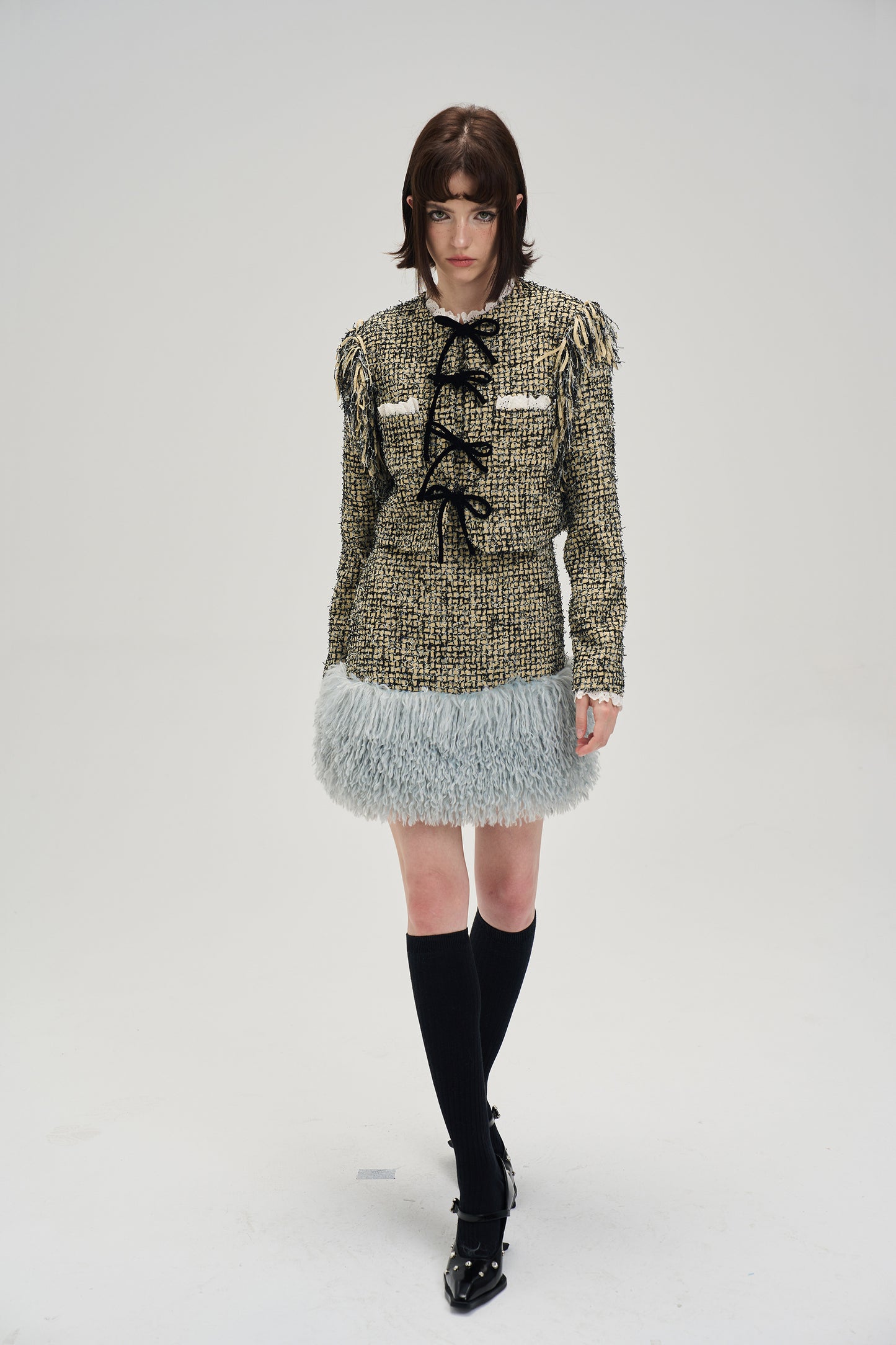 Square Neck Short Length Ribbon Tweed Fur Dress