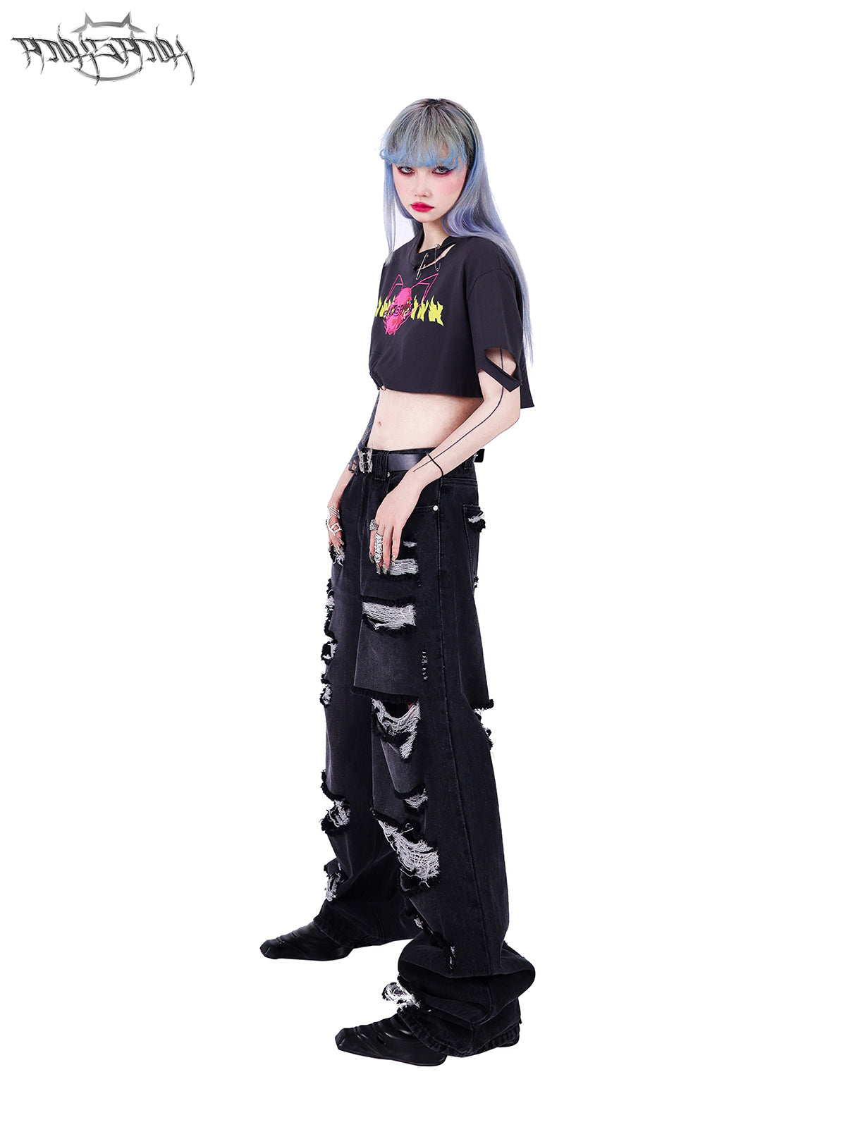 Wide Leg Irregular Damaged Denim Pants