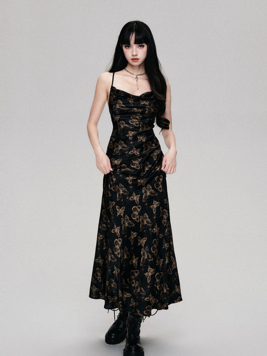 V-Neck Floral Pattern Long Length Suspender Dress