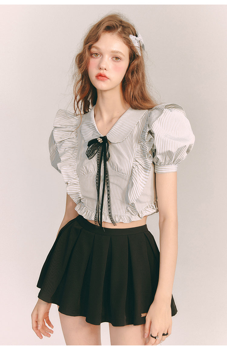 Lace front ribbon slim short length shirt