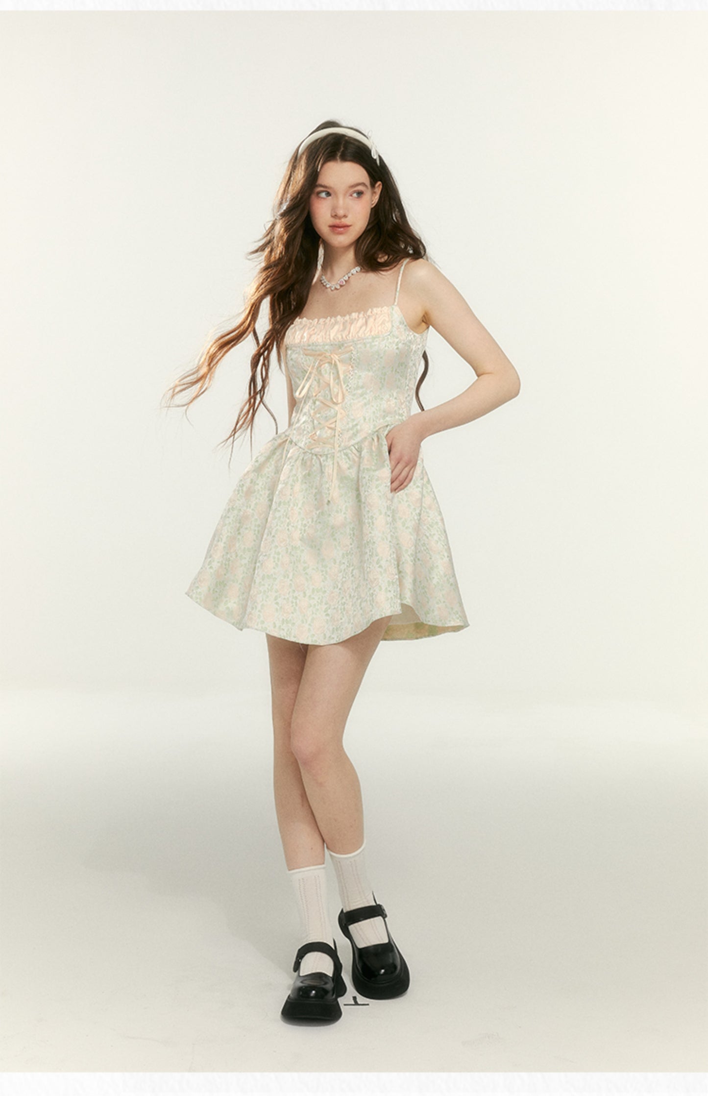 Retro Jacquard Floral Pattern Suspender Dress