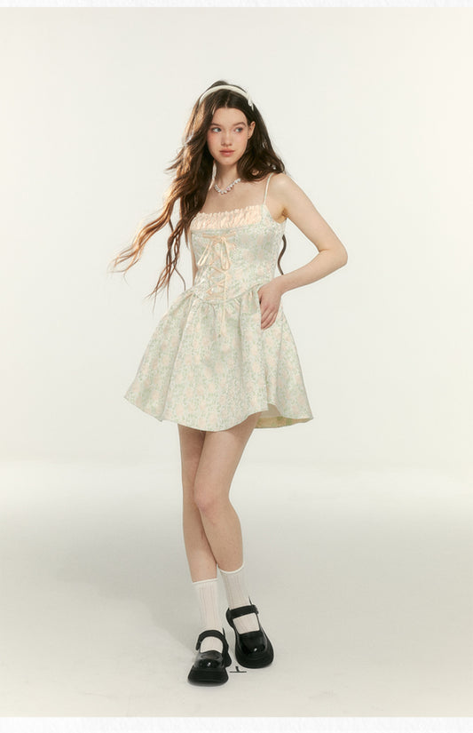 Retro Jacquard Floral Pattern Suspender Dress