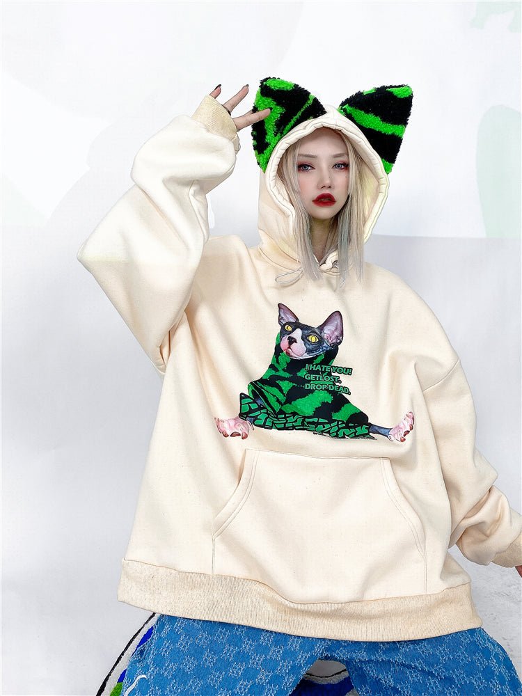 Loose fit cat ear print t-shirt