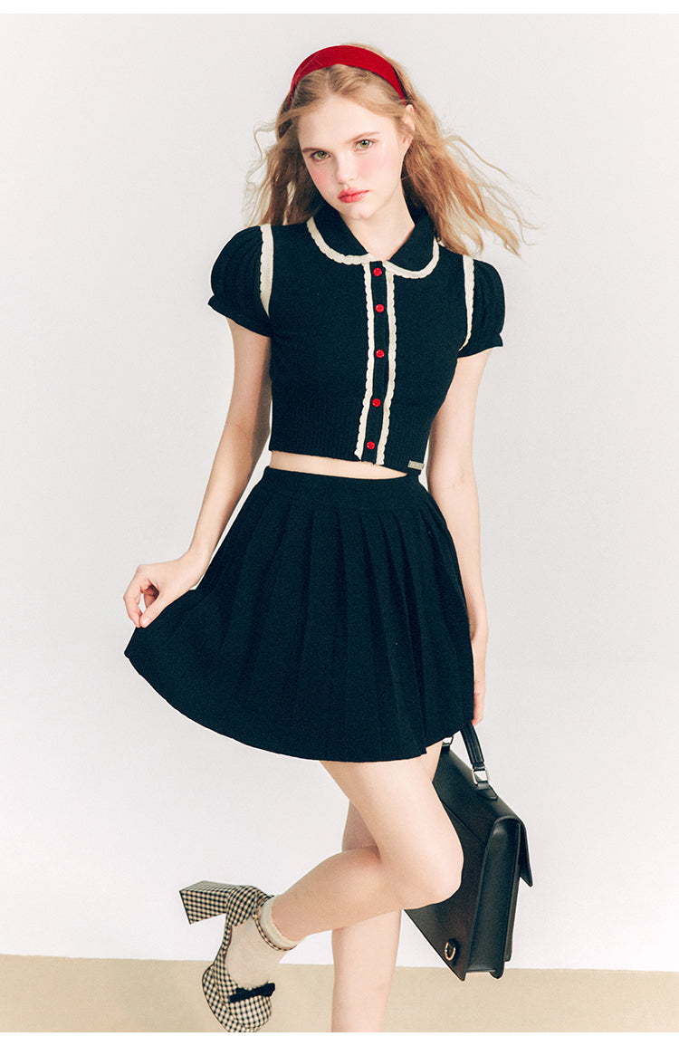 Puff Sleeve Short Length Knit & Pleated Short Length Skirt Setup