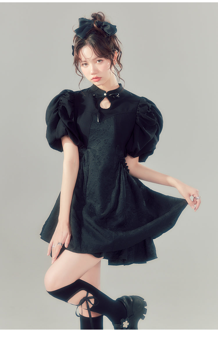 Puff Sleeve Chinese Dress Style Short Length One-piece