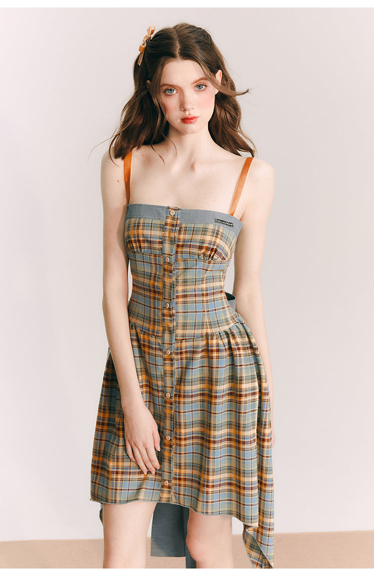 Back Ribbon Plaid Short Suspender One-piece