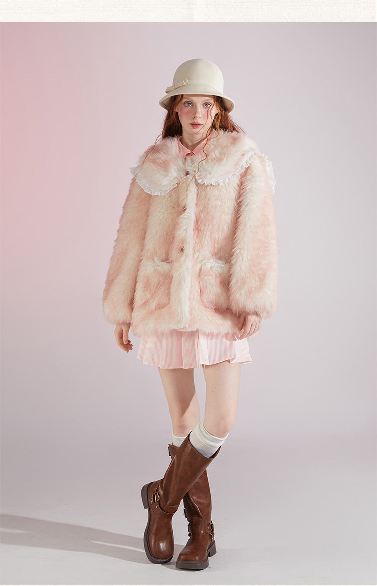 Original designSweet Baby Collar White&Pink Fur Coat