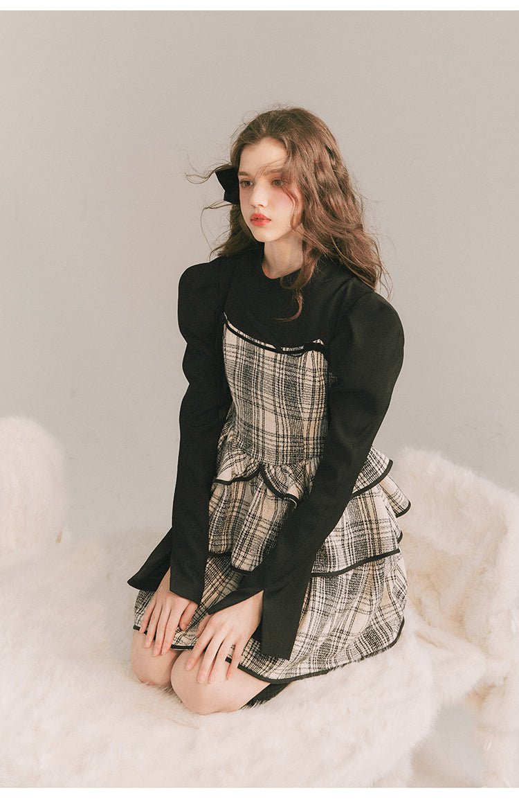 Checkered Shoulder Bow Fake Two-piece Dress