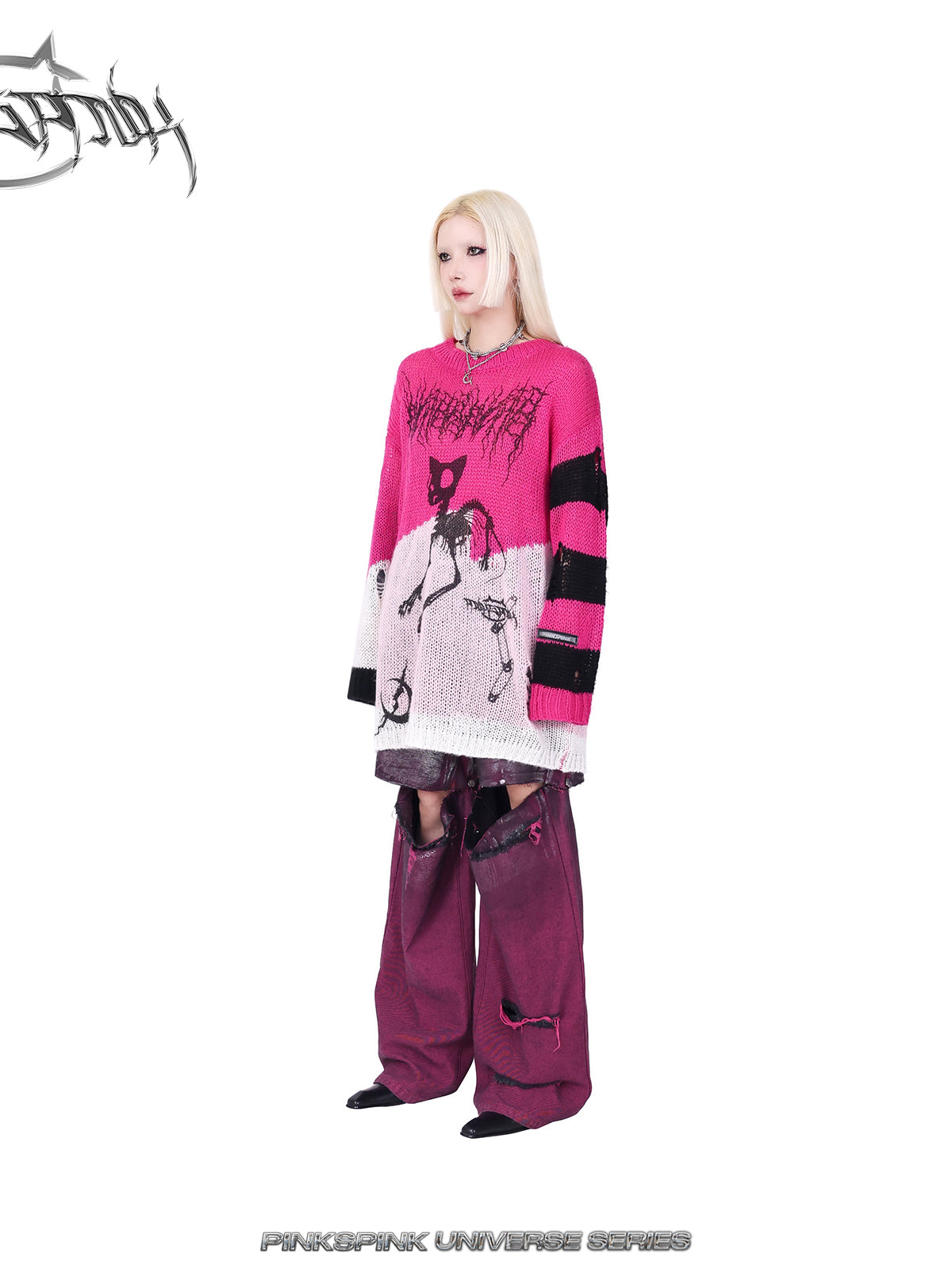 Loose Fit Cat Zombie Pattern Striped Knit