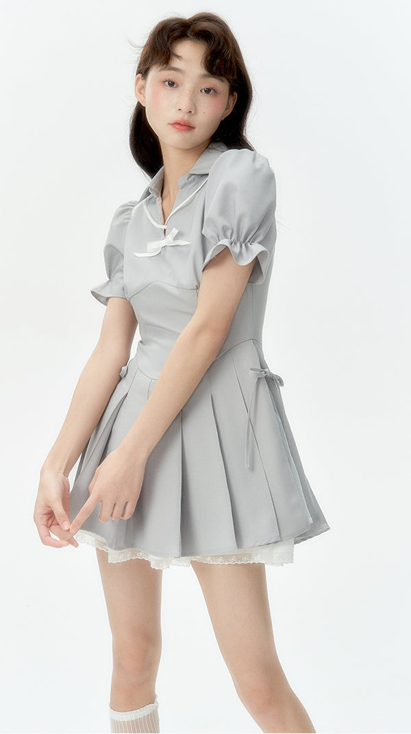 Mist Gray Small V-Neck Puff Sleeves Pleated Dress