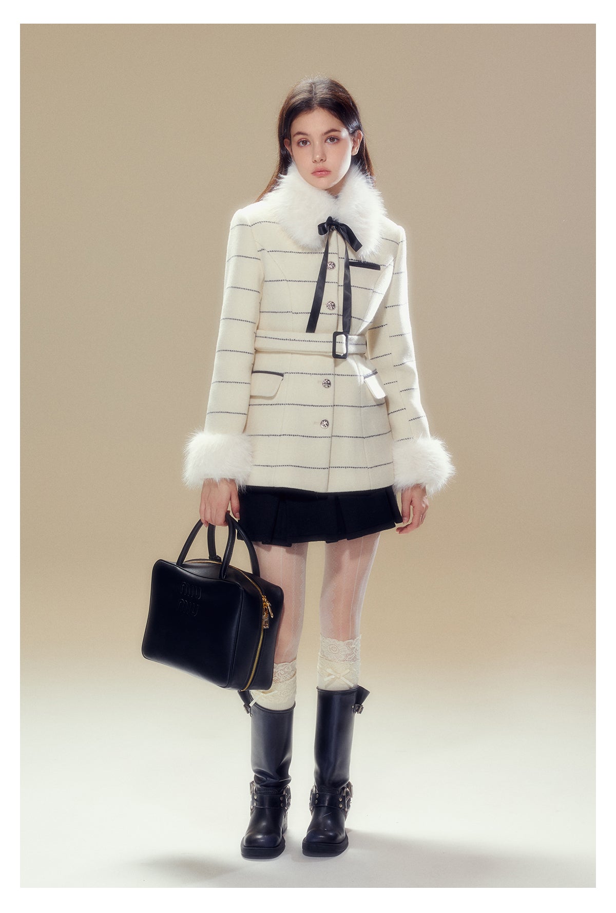 Short length striped collar fur wool coat