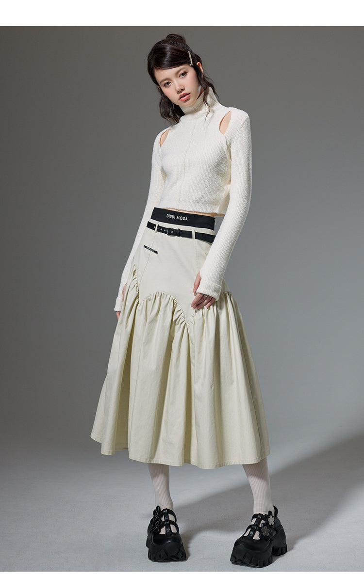 High Waist Stitch Pleated A-Line Long Skirt