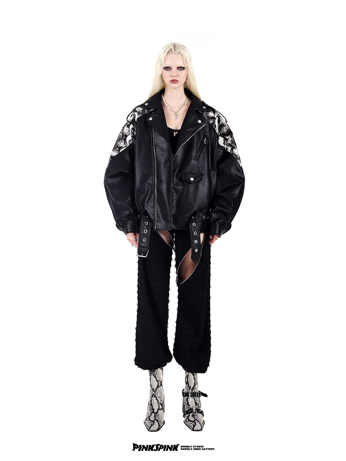 Loose Fit Snake Pattern Drop Shoulder Leather Jacket