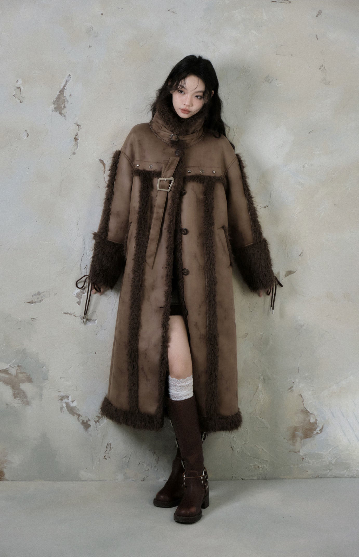 Lamb fur dress patched thick coat