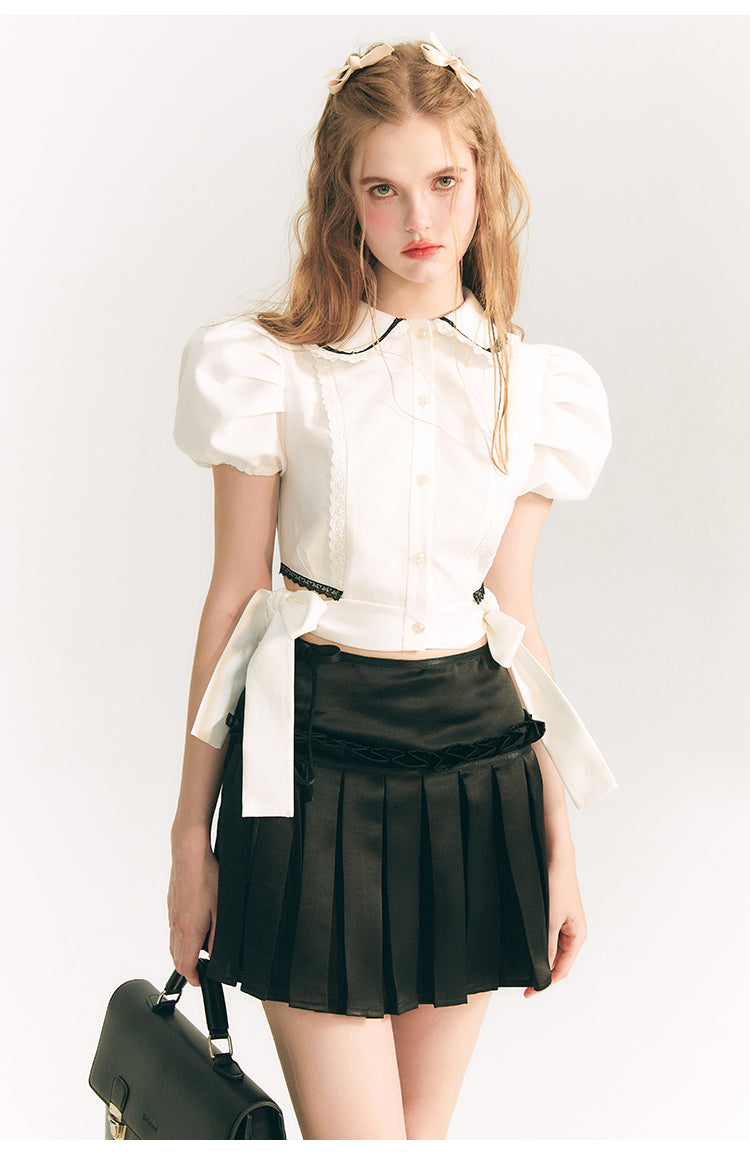 Side Ribbon Puff Sleeve Short Shirt