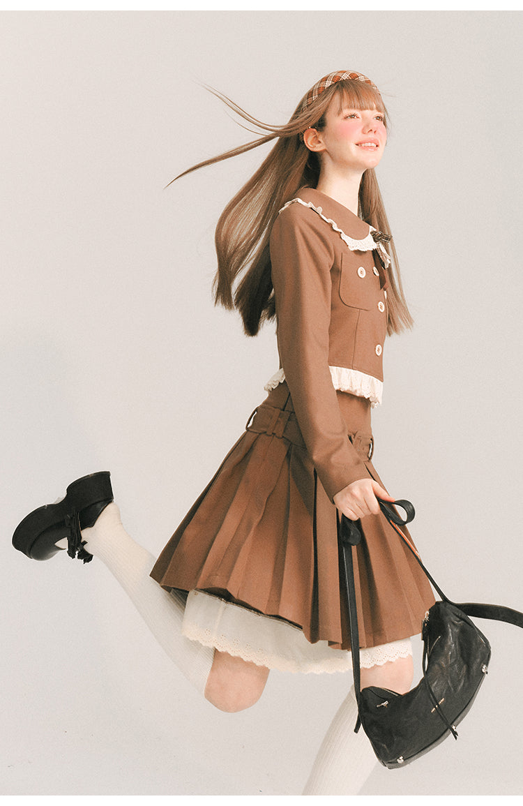 Short Length Frill Neck Jacket & Pleated Skirt Set-Up