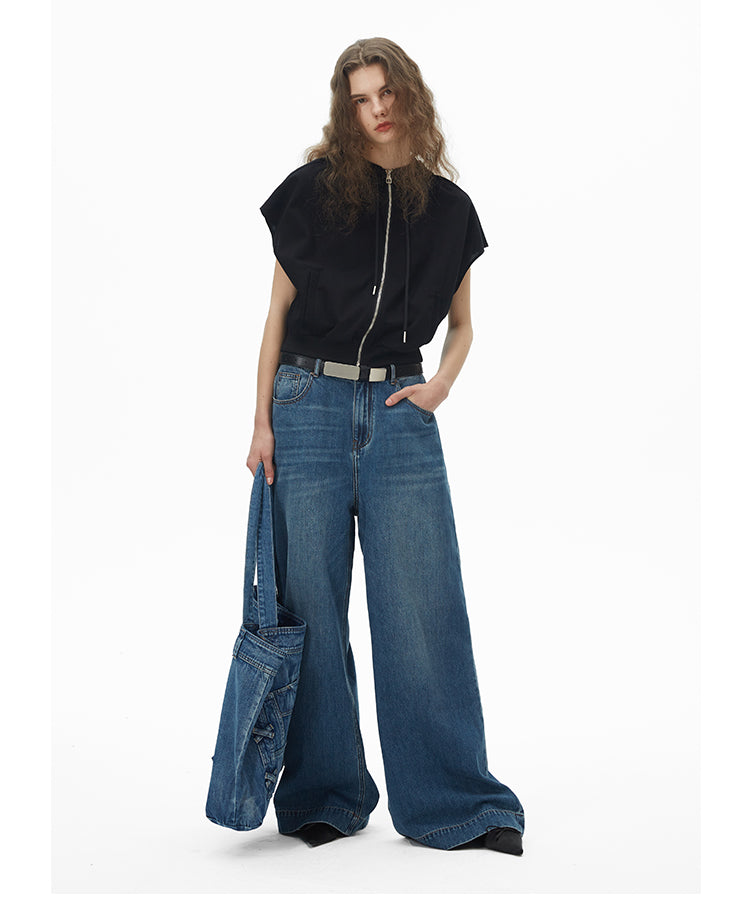 Wide-leg oversized washed retro denim pants