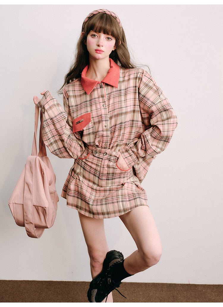 Loose Fit Plaid Shirt Jacket &amp; Pleated Skirt Set-Up