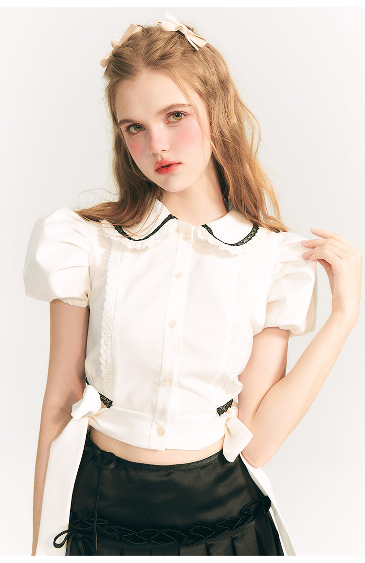 Side Ribbon Puff Sleeve Short Shirt