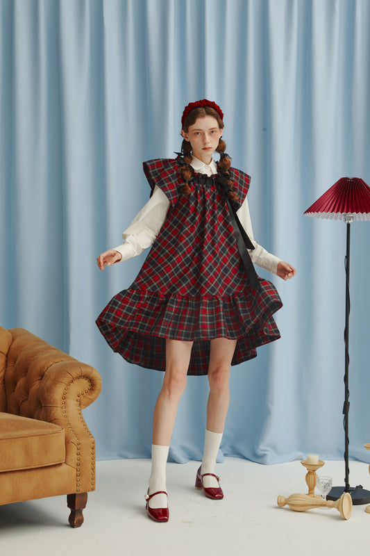 Plaid Neck Ribbon A-line Dress