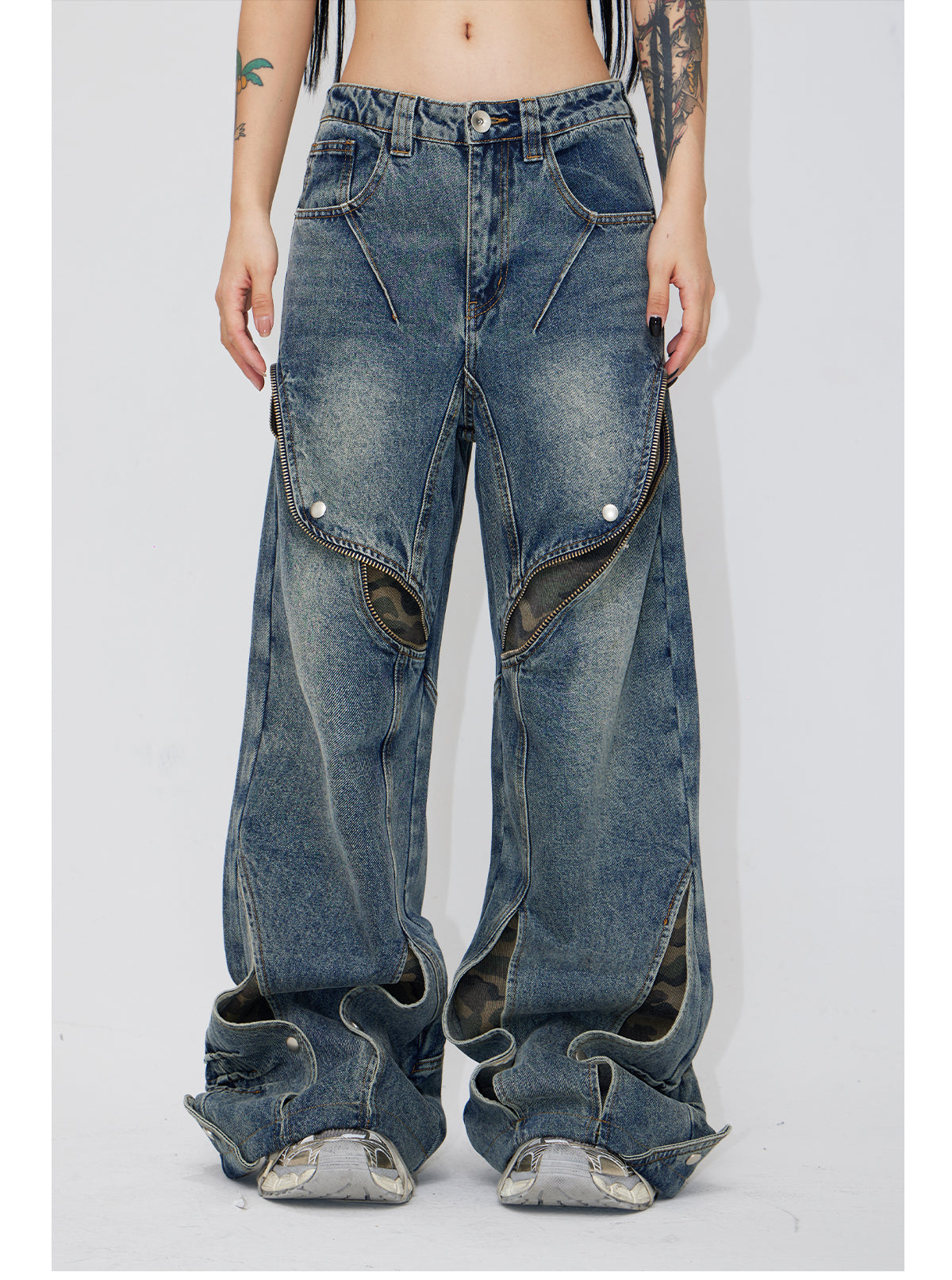 Wide leg splicing zip denim pants