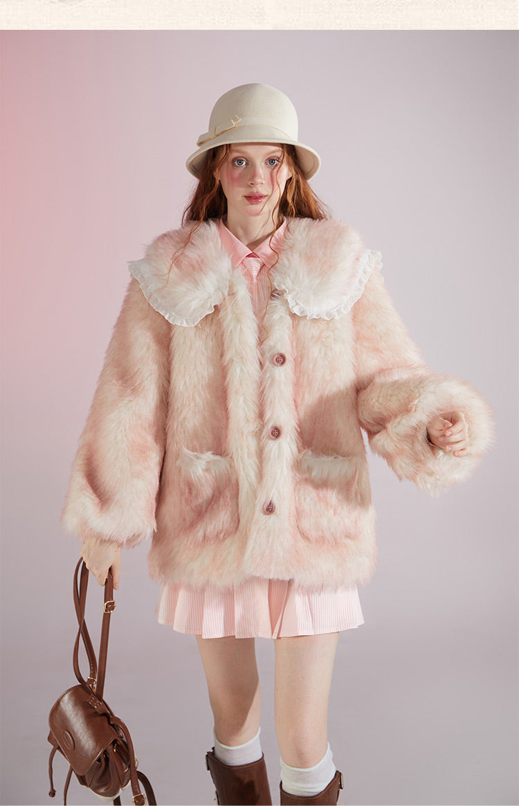 Original designSweet Baby Collar White&Pink Fur Coat