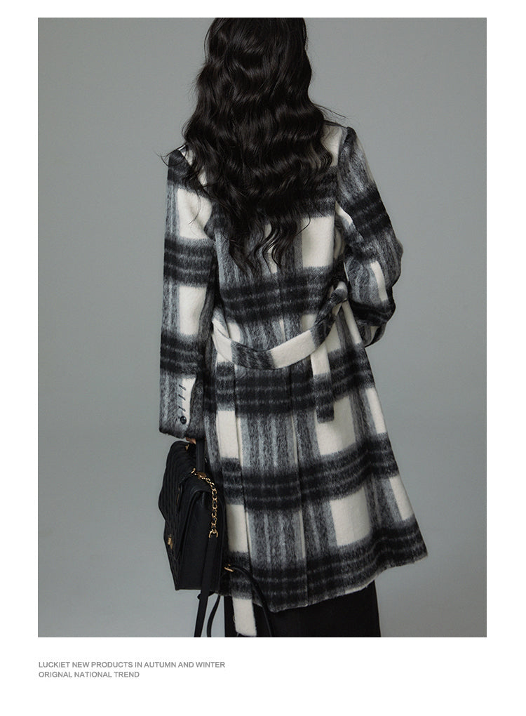 Checked wool mid-length coat