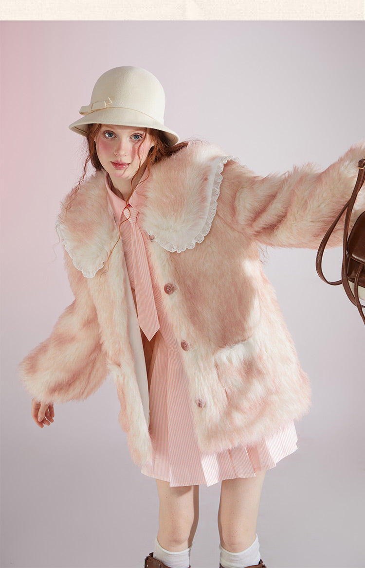 Original designSweet Baby Collar White&Pink Fur Coat