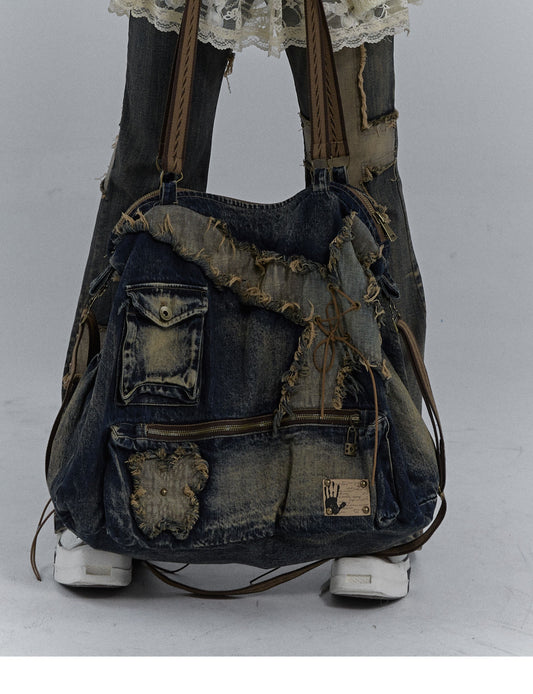 Washed Damaged Denim Messenger Bag