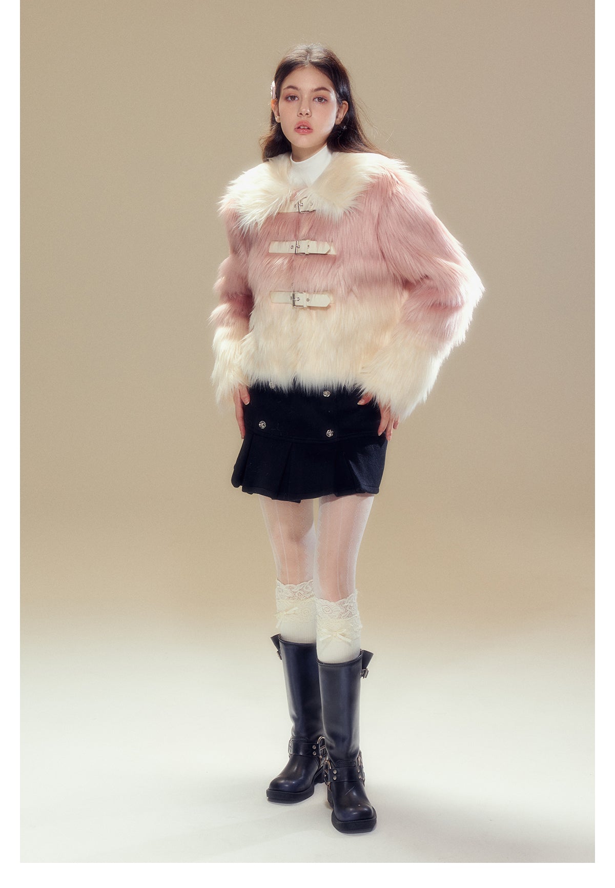 Short Length Gradient Leather Buckle Fur Jacket