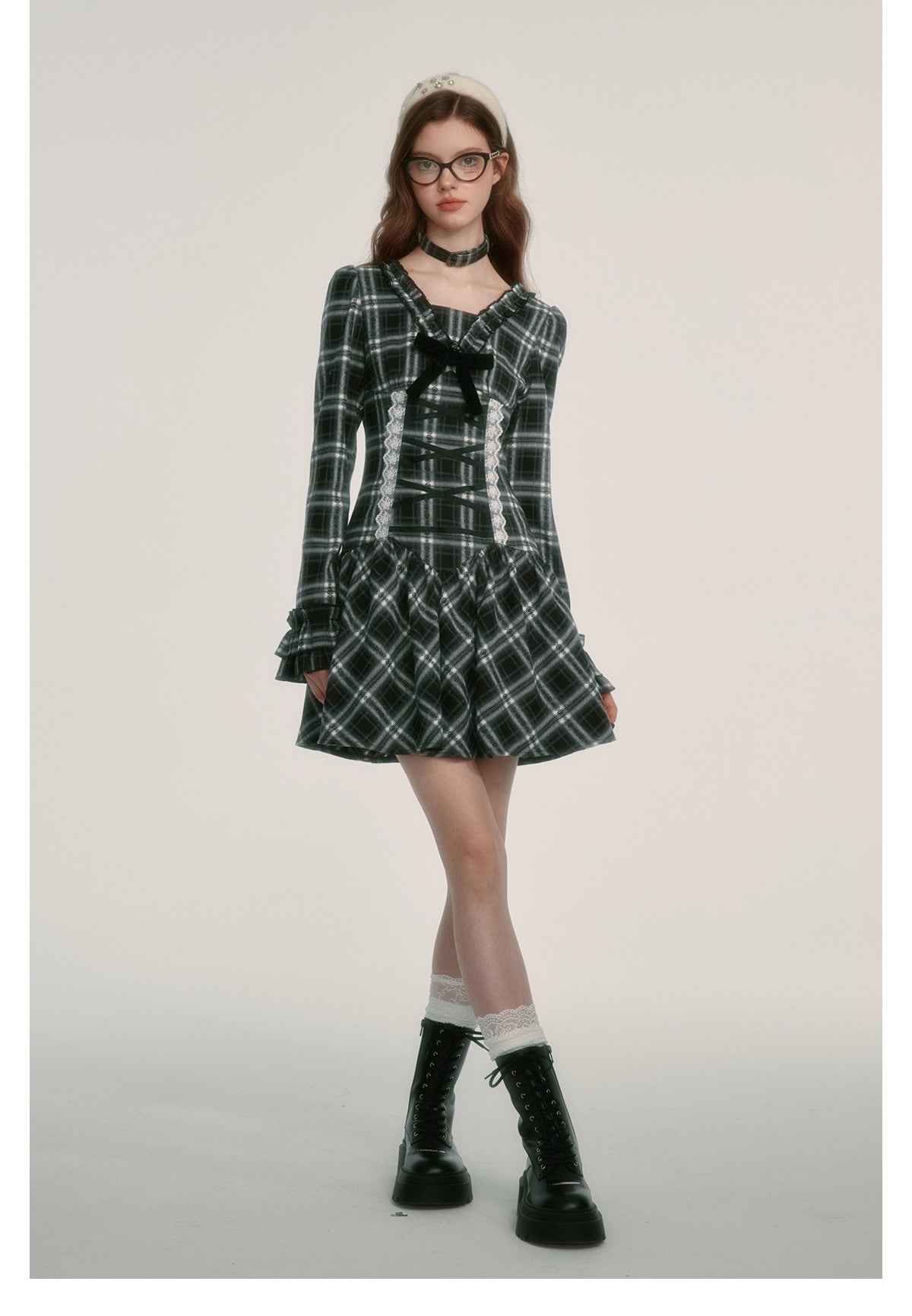 Plaid V-neck Waist Dress