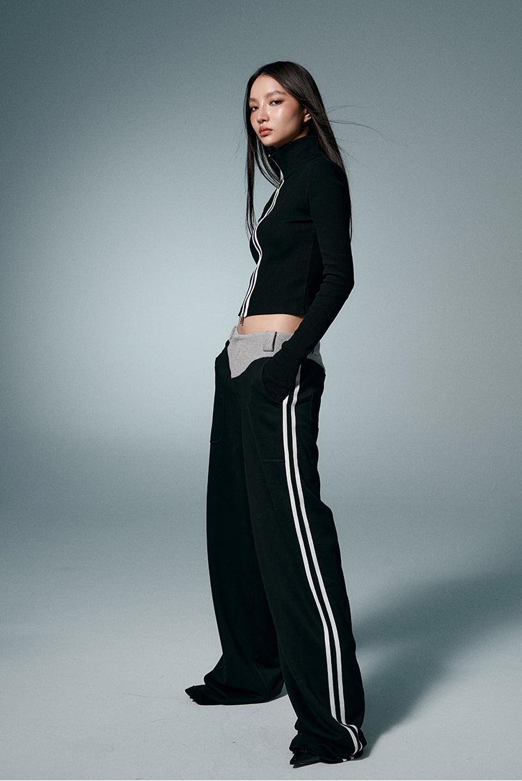 Zip Tight Fit Knit Top&Loose Straight Sideline Sports Pants Setup