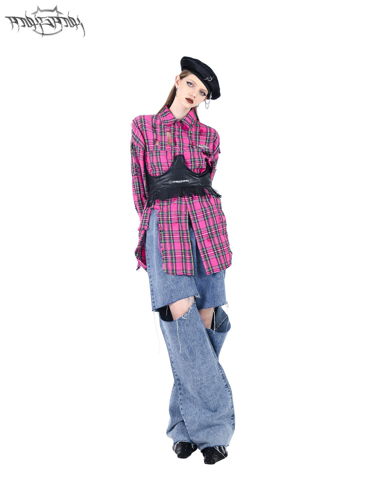 Loose fit pink plaid damaged shirt