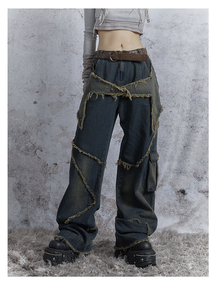 Washed Star Damaged Design Denim Pants