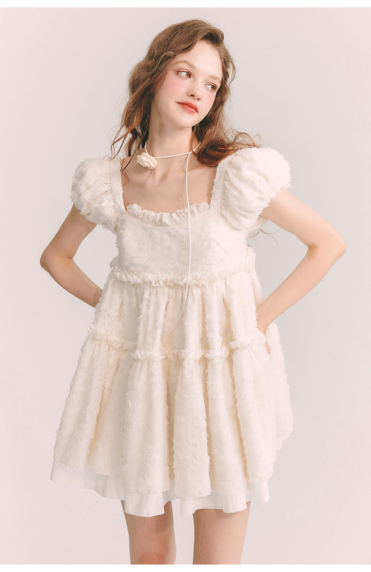 Square Neck Feather Puff Sleeve Short One-piece