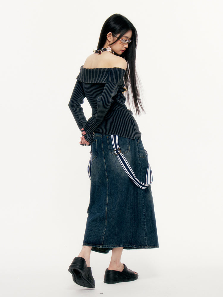 Navy Style Striped Denim Long Skirt