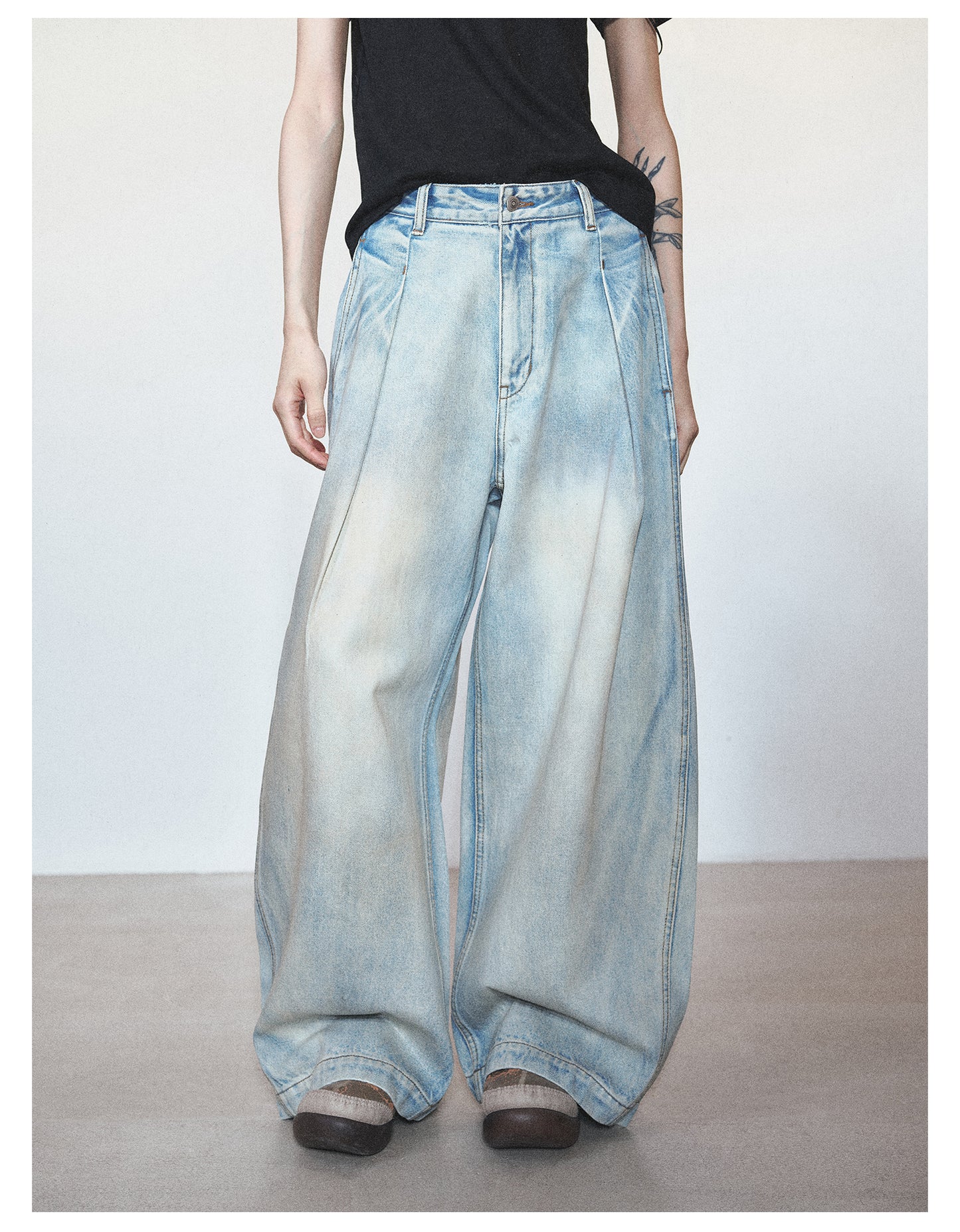 Retro Washed Damaged Wide Leg Casual Denim