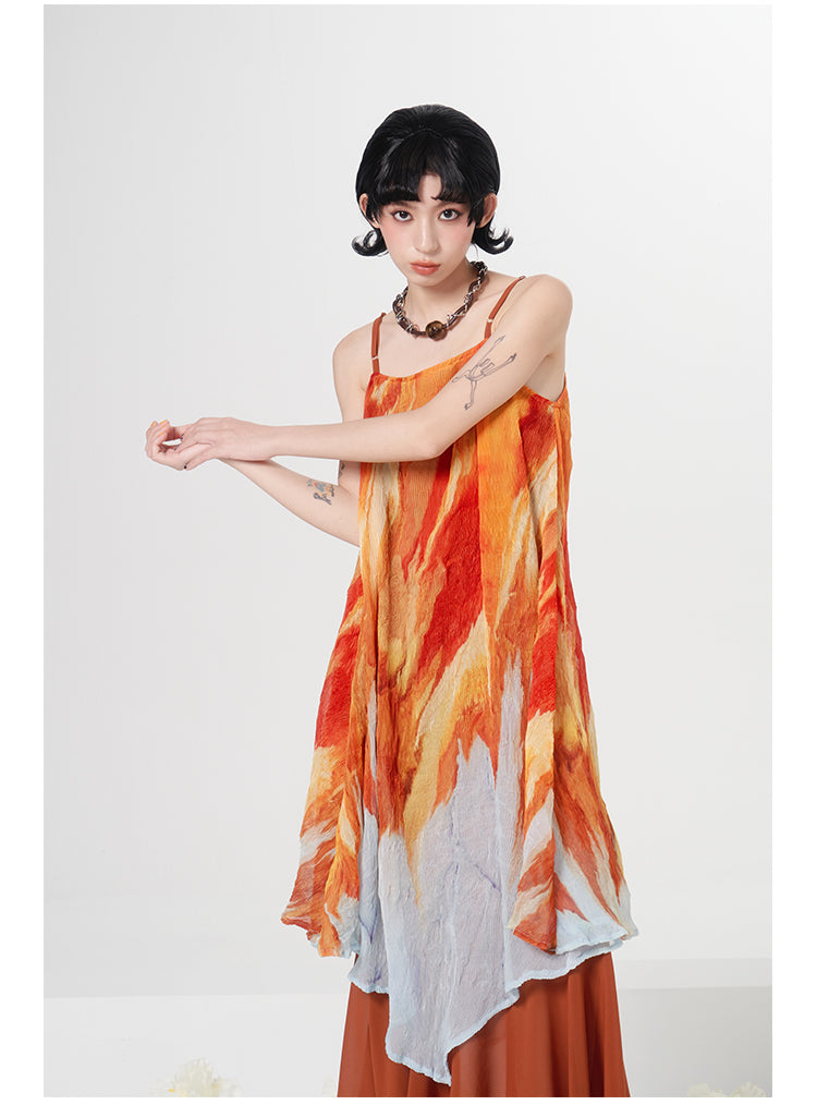 Tie-dye pattern square neck suspender dress