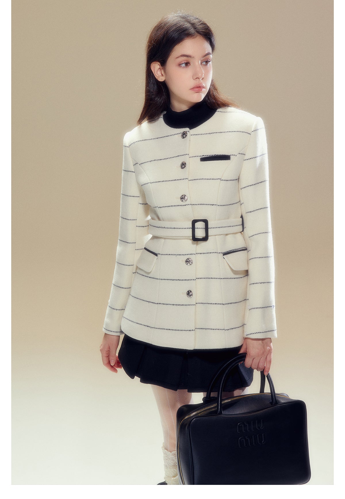 Short length striped collar fur wool coat