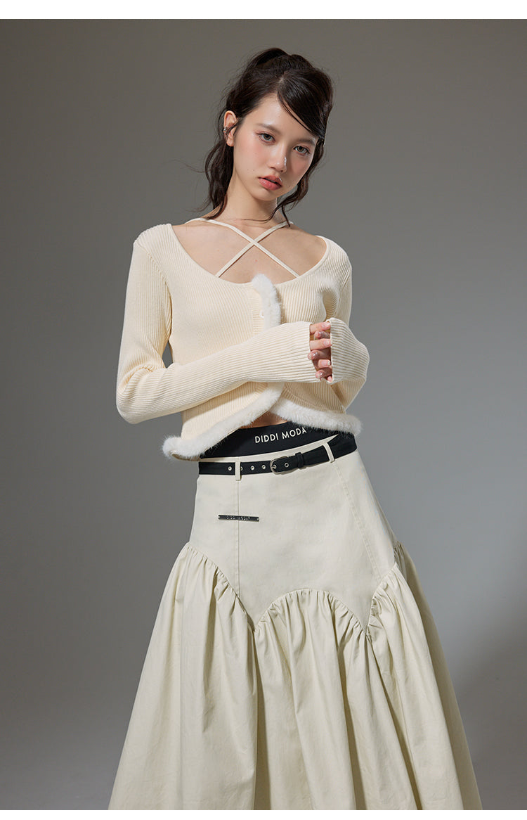 High Waist Stitch Pleated A-Line Long Skirt