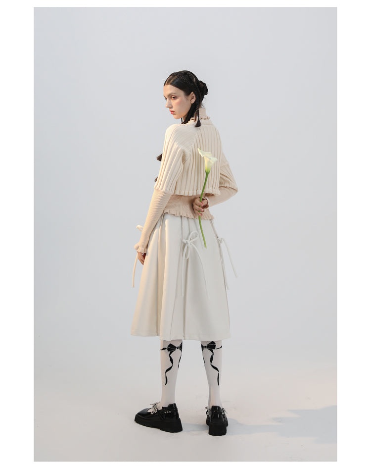 Short Length Puff Sleeve Jacket & High Waist Long Ribbon Skirt Setup