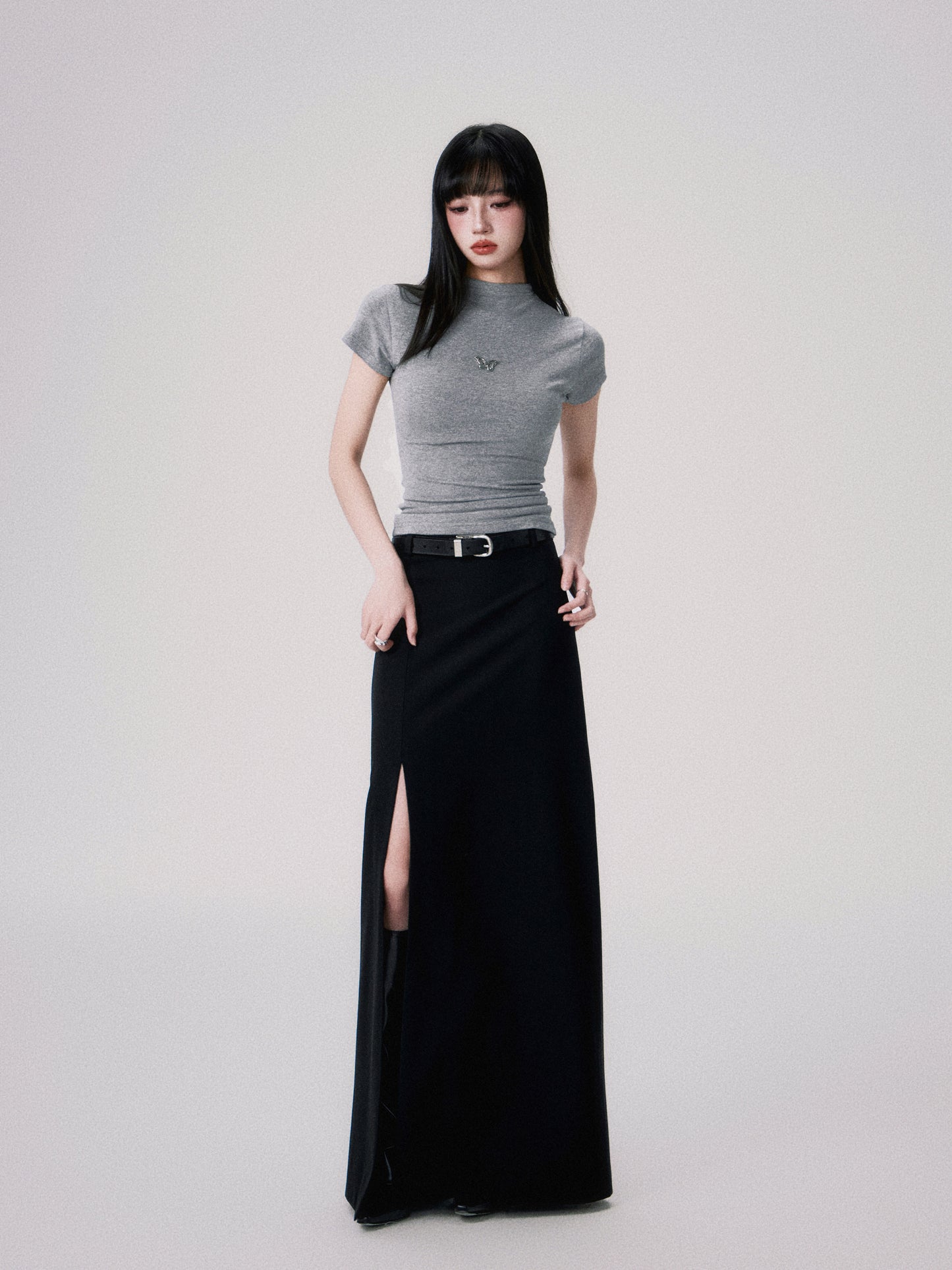 Slim straight mid-waist slit long skirt