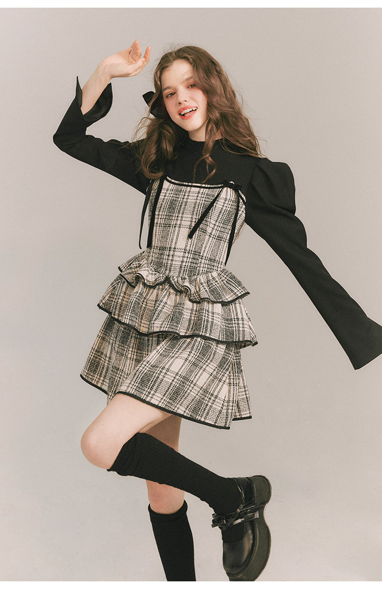 Checkered Shoulder Bow Fake Two-piece Dress