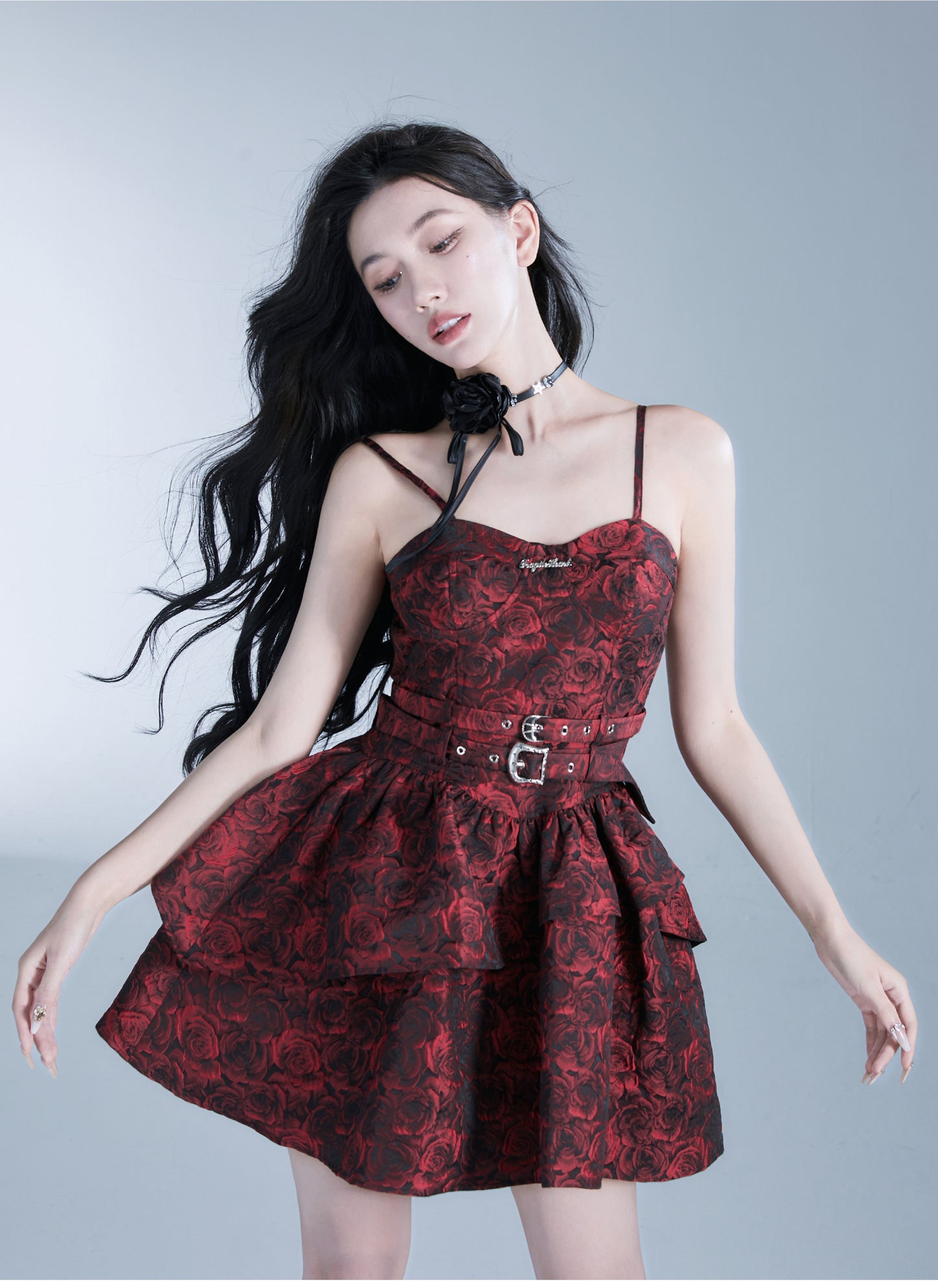 Red Rose Waist Belt Suspender Dress