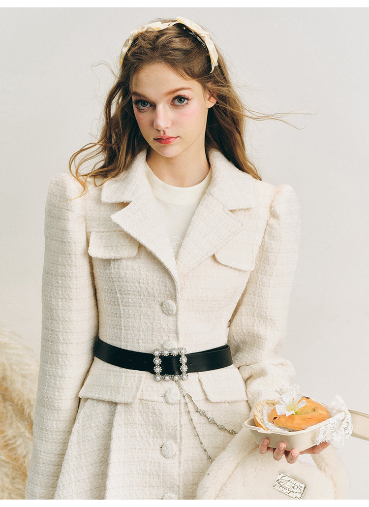 Mid-length pleated waist wool jacket