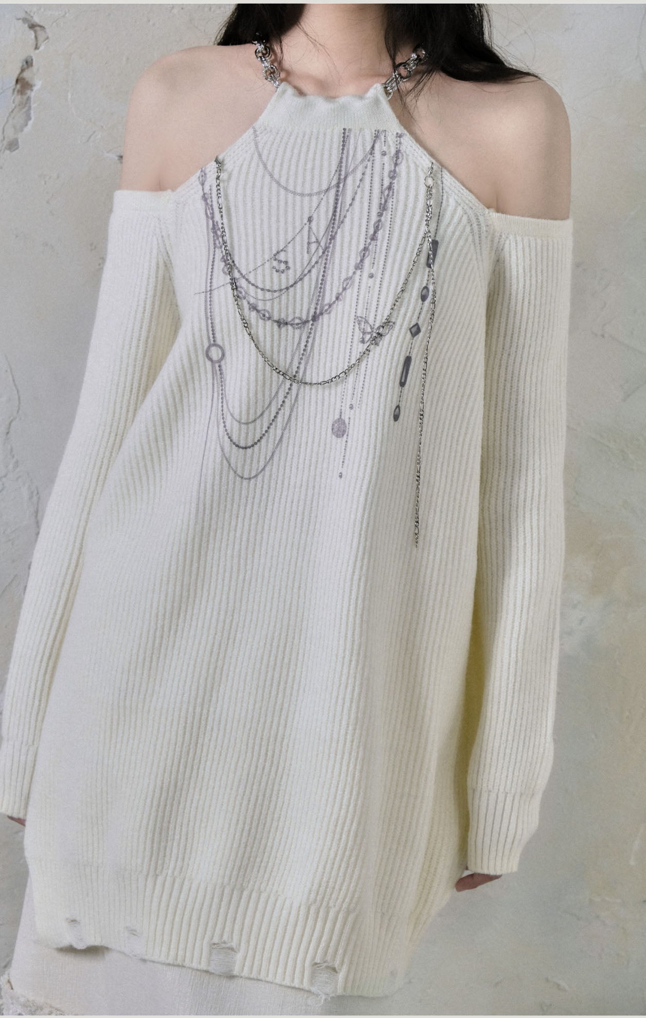 Halter Neck Chain Design Off Shoulder Sweater