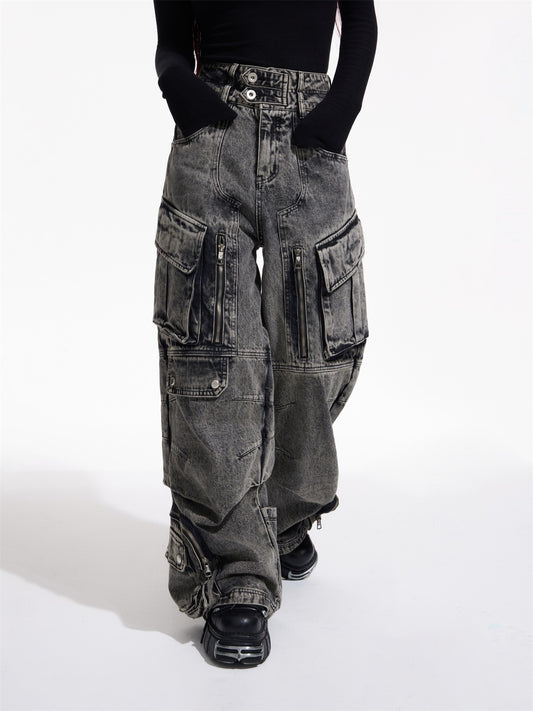 Loose Straight Double Waist Multi Pocket Pants